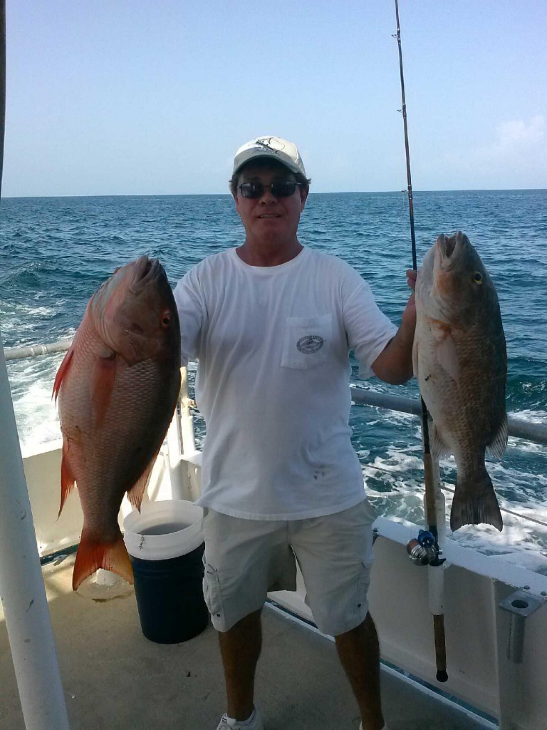 Mangrove and mutton snapper being held up just after landing