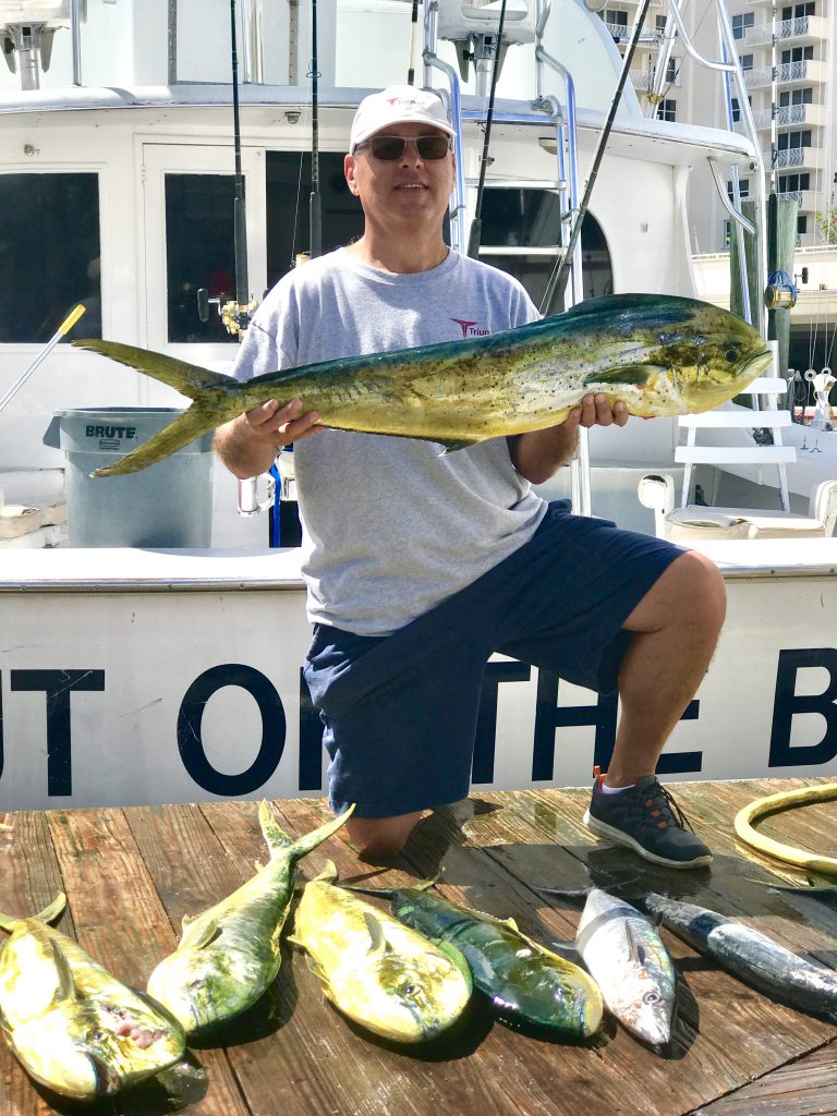 Guy kneeling down at the dock holding a dolphin with several other dolphin and kingfish laying next to him on the dock.