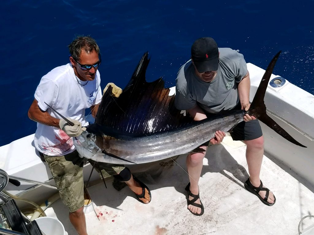 2 guys holding up a nice sailfish just caught with its sail erect
