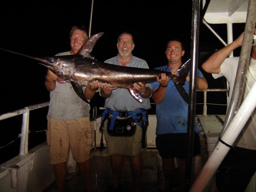 Nice swordfish being held up by the 3 guys who caught it aboard the Catch My Drift at sea.