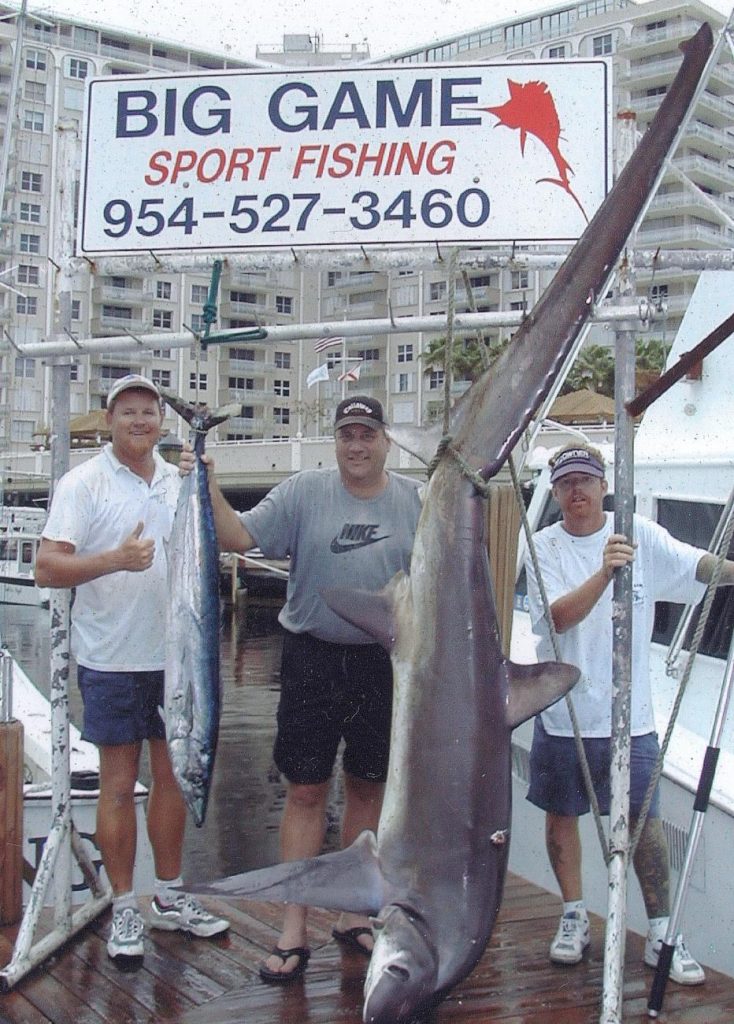 Awesome pic of a huge 15 plus foot thresher shark and a nice wahoo caught on our shark fishing charter in Ft Lauderdale