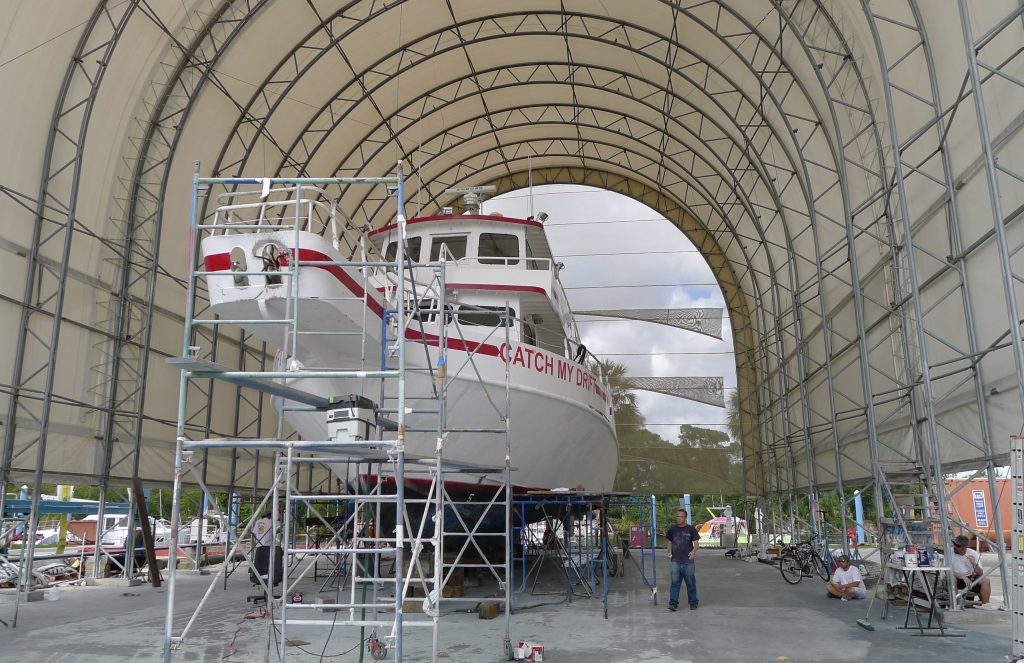 Catch My Drift in the boat yard getting painted