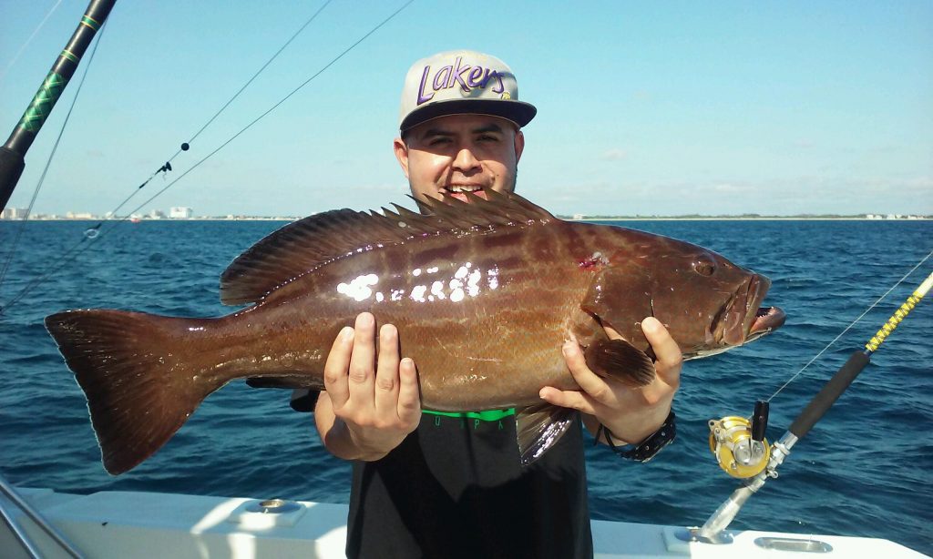 Guy holding a black grouper in the boat.