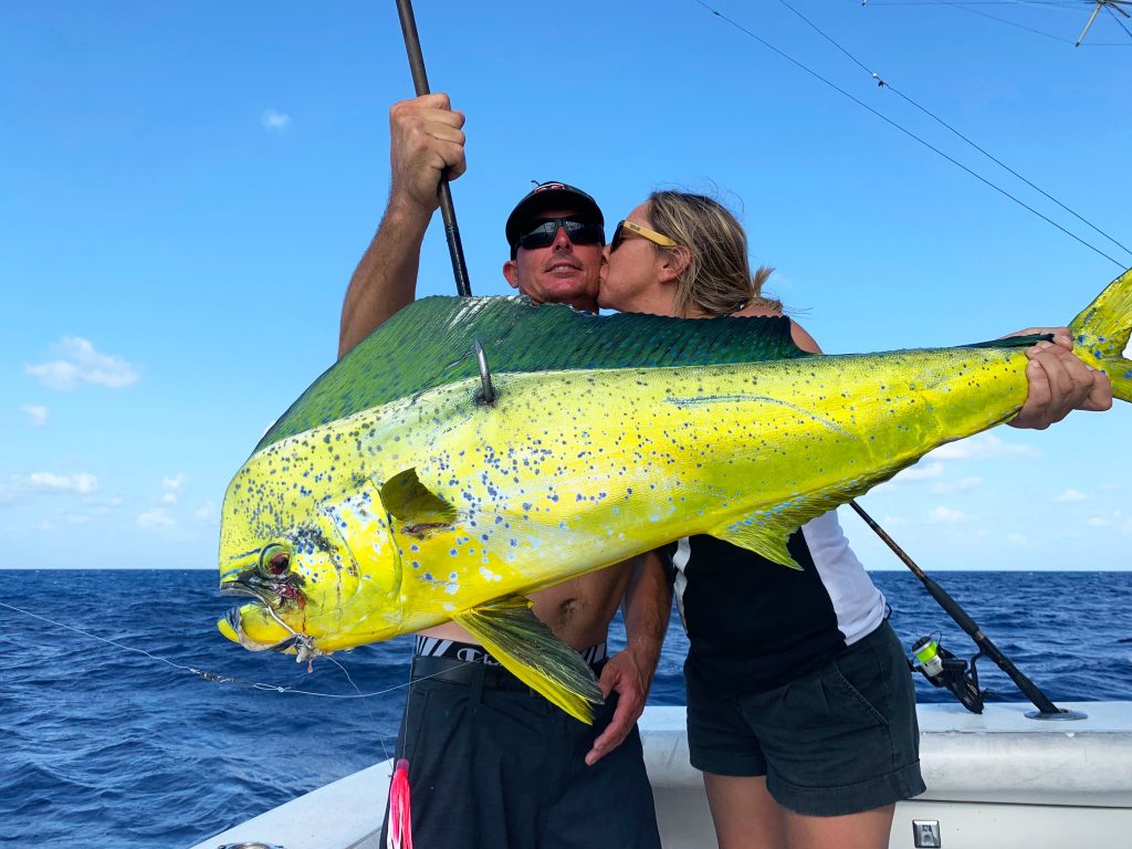 Mahi-mahi dolphin being held on the gaff, girl kissing captain holding it